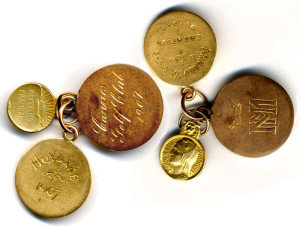 Three medals in gold, Massy attached to his watch. The medals were offered by the Grand Duke Michael Michailovitch (MM arms) following Massy's prescient success at Cannes in January 1907